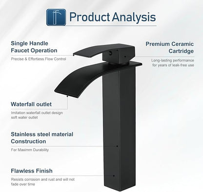 Vessel Sink Faucet Black Bathroom Faucets Tall Waterfall Bathroom Bowl Sink Faucet Rv Lavatory Faucet with Supply Hose