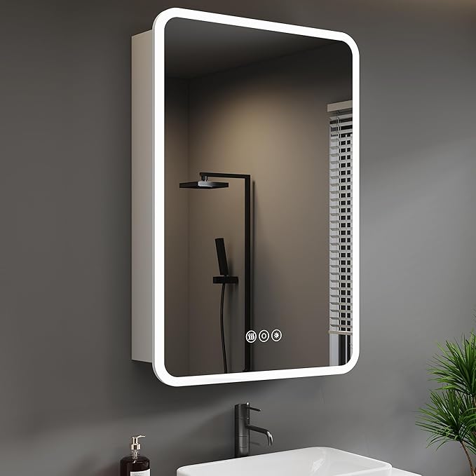 20 x 28 Inch Medicine Cabinet with Mirror and LED Light for Bathroom | Recessed, Wall-Mounted, Dimmable, Anti-Fog, Memory Function, 3 Color Mode, Outlet&USB, Adjustable Shelf, ETL Listed, Aluminum