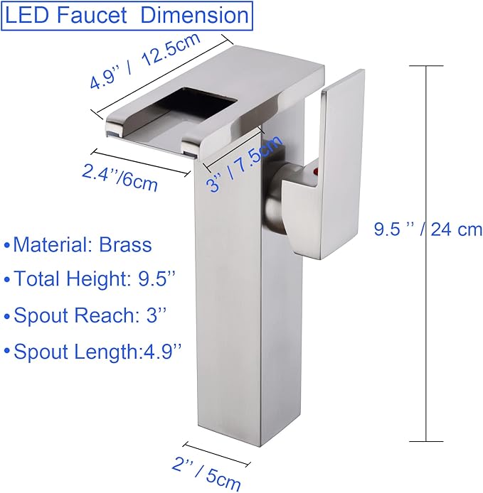 LED Waterfall Bathroom Sink Faucet, 3 Colors Spout Faucet with Water Supply Hose, Single Handle Single Hole Slanted Body Brass Mixer Vanity Sink Tap (Brushed Nickel)