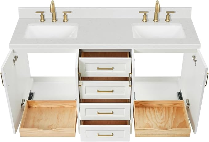 ARIEL Taylor 66-inch Bathroom Vanity with Sink,Solid Wood, 1.5-inch Carrara White Quartz Countertop & Backsplash, Double Rectangular Porcelain Sink, 4 Soft Closing Doors, 5 Dovetail Drawers, White