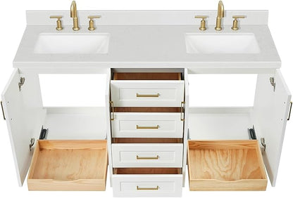 ARIEL Taylor 66-inch Bathroom Vanity with Sink,Solid Wood, 1.5-inch Carrara White Quartz Countertop & Backsplash, Double Rectangular Porcelain Sink, 4 Soft Closing Doors, 5 Dovetail Drawers, White