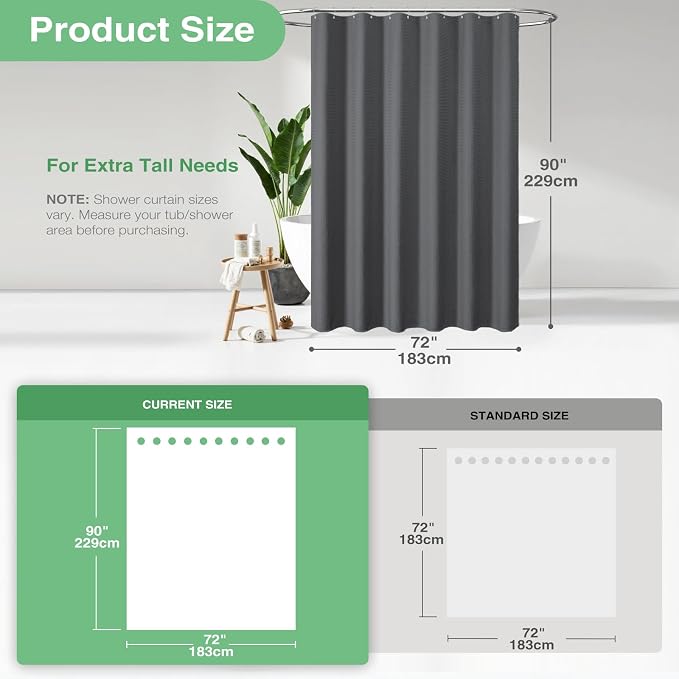 Extra Long Waffle Shower Curtain 256GSM Fabric 72x90 Charcoal Grey | 90 Inch Tall, Thick Cloth, Weighted Hem, Water Repellent, Hotel Luxury Polyester Shower Curtain Set for Bathroom 12 Hooks