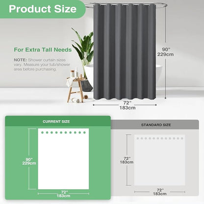 Extra Long Waffle Shower Curtain 256GSM Fabric 72x90 Charcoal Grey | 90 Inch Tall, Thick Cloth, Weighted Hem, Water Repellent, Hotel Luxury Polyester Shower Curtain Set for Bathroom 12 Hooks