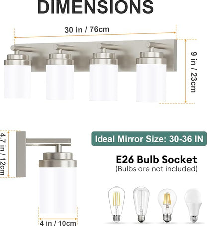 IZORRO Bathroom Vanity Light Fixture, 4-Light 30 Inch Brushed Nickel Bathroom Light Fixtures Over Mirror, with White Glass Shade, Modern Farmhouse Vanity Lights, Rustic Restroom Lighting Fixtures
