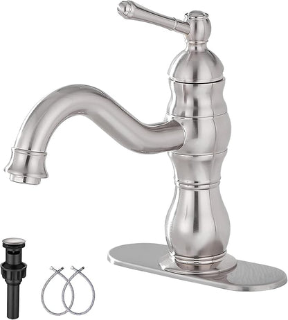 Bathroom Faucet Brushed Nickel GGStudy 360° Swivel Bathroom Vanity Faucet Single Handle One Hole Bathroom Sink Faucet Basin Matching Pop Up Drain with Overflow