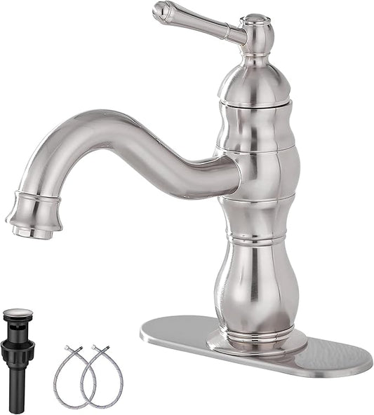 Bathroom Faucet Brushed Nickel GGStudy 360° Swivel Bathroom Vanity Faucet Single Handle One Hole Bathroom Sink Faucet Basin Matching Pop Up Drain with Overflow