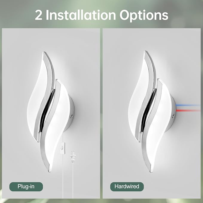 CANEOE Plug in Wall Sconces Set of Two 6000K Chrome Modern LED Wall Light Fixtures Acrylic Wall Sconce Lighting for Living Room Bedroom Bedside Bathroom Hallway Stairway Wall Lamp