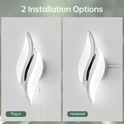 CANEOE Plug in Wall Sconces Set of Two 6000K Chrome Modern LED Wall Light Fixtures Acrylic Wall Sconce Lighting for Living Room Bedroom Bedside Bathroom Hallway Stairway Wall Lamp