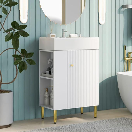 22" Small Bathroom Vanity with Sink, Morden Bathroom Vanities with Soft-Close Door and Open Shelf, Freestanding Narrow Vanity for Compact Space-Saving Bathrooms (White,22" Freestanding Left Shelf)