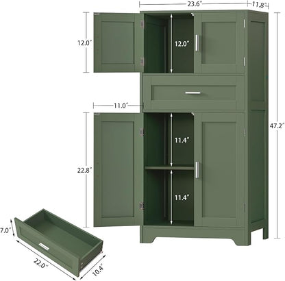 TEENFON Bathroom Floor Storage Cabinet with Adjustable Shelf, Freestanding Storage Cabinet with 4 Doors, Cupboard for Living Room, Home Office, Entryway, Forest Green
