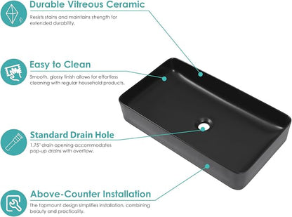 Vessel Sink Rectangle- 24"x14" Modern Rectangular Top Counter Bathroom Sink Matte Black Porcelain Ceramic Lavatory Sink Bowl Art Basin