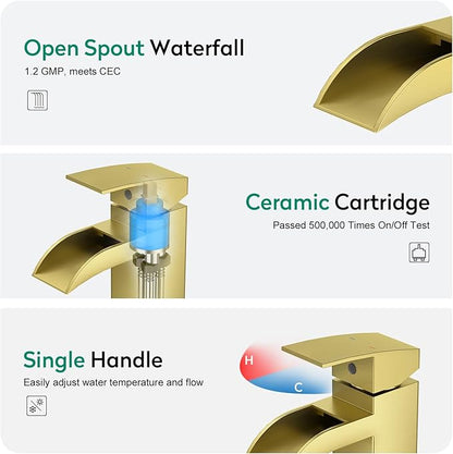 CREA Brushed Gold Waterfall Bathroom Faucet 1 Hole Single Handle Bathroom Sink Faucet with Pop Up Drain Stainless Steel Vanity Faucet Basin Mixer Tap Hot Cold Water Supply Line 3 Hole Deck Plate