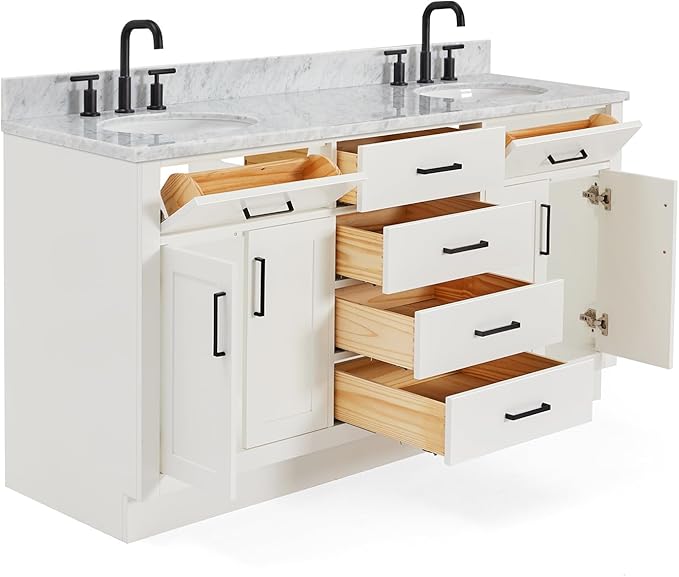 ARIEL Hepburn 66-inch Bathroom Vanity with Sink,Solid Wood, 0.75-inch Italian Carrara Marble Countertop & Backsplash, Double Oval Porcelain Sink, 4 Soft Closing Doors, 6 Dovetail Drawers, White