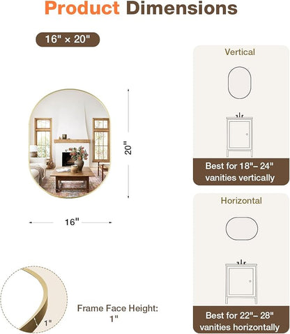 16"x20" Brushed Gold Oval Bathroom Mirror for Over Sink, Vanity Mirror | Aluminum Alloy Frame, Clear Reflection, Rust-Resistant, Vertical or Horizontal, Wall Mount, Bedroom and Entryway