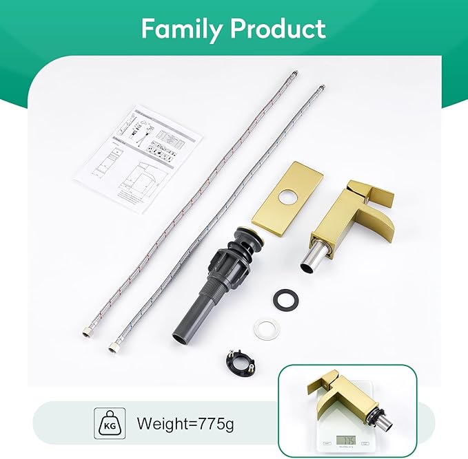 CREA Brushed Gold Waterfall Bathroom Faucet 1 Hole Single Handle Bathroom Sink Faucet with Pop Up Drain Stainless Steel Vanity Faucet Basin Mixer Tap Hot Cold Water Supply Line 3 Hole Deck Plate