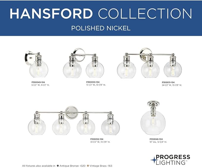 Progress Lighting Hansford Collection 1-Light Clear Glass Coastal Bath Vanity Light Polished Nickel