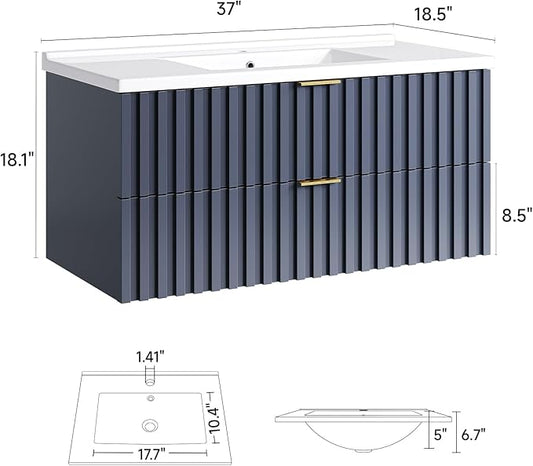 ONBRILL 36 Inch Bathroom Vanity with Sink Combo, Floating Bathroom Vanity with 2 Fluted Drawers & Metal Handle, Modern Wall Mount Storage Cabinet with Ceramic Integrated Sink for Small Space (Blue)