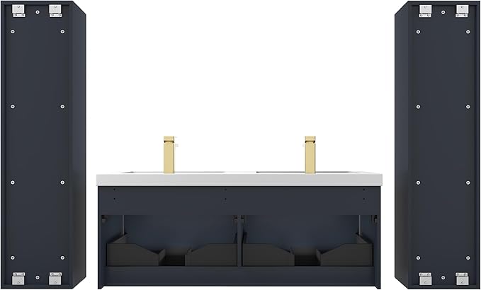 Blossom 48 Inch Double Sink Bathroom Vanity with Side Cabinets, All Wood Wall Mounted Floating Bathroom Vanity Cabinet with Acrylic Sink, Soft-Close Drawers, Bathroom Vanities, Night Blue