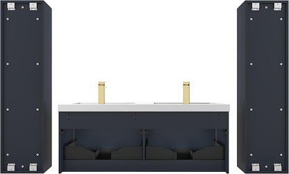 Blossom 48 Inch Double Sink Bathroom Vanity with Side Cabinets, All Wood Wall Mounted Floating Bathroom Vanity Cabinet with Acrylic Sink, Soft-Close Drawers, Bathroom Vanities, Night Blue