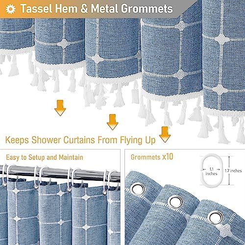 BTTN 60x72 Boho Farmhouse Linen Heavy Duty Fabric Shower Curtain Set, Blue