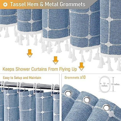 BTTN 60x72 Boho Farmhouse Linen Heavy Duty Fabric Shower Curtain Set, Blue