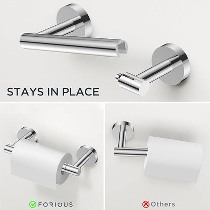 FORIOUS Bathroom Accessories, 4-Piece Bathroom Hardware Set - 18" Towel Bar | Chrome | Towel Hooks, Towel Racks for Bathroom, Toilet Paper Holder Wall Mounted & Towel Ring | SUS304 Stainless Steel
