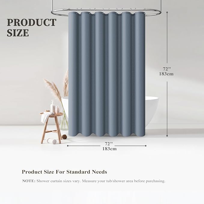 Blue Grey Linen Textured Waterproof Fabric Shower Curtain Set, 72x72 | 230GSM Polyester, Heavy Duty Cloth, Weighted Hem, 12 Plastic Hooks, Modern Hotel Style, Machine Washable, Bathroom Decor