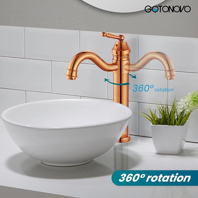 gotonovo Bathroom Vessel Sink Faucet Single Handle Brass Long Reach Bathroom Faucet 1 Hole Deck Mounted Mixer Tap with Pop Up Drain Rose Gold
