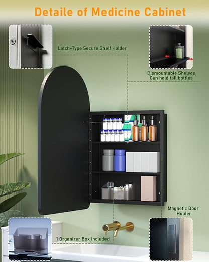 19.7"x31.5" Lighted Medicine Cabinet with Mirror, Arched Bathroom Mirror with Lights and Storage, Dimmable 3 Color with Anti-Fog, Full Metal Recessed & Surface Mount LED Medicine Cabinets Black