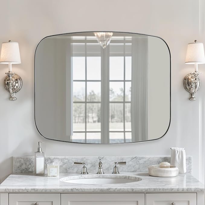 30x36 Chrome Bathroom Mirror, Oblong Silver Mirror with Stainless Steel Metal Frame, Oval Vanity Mirror for Over Sink, Modern Anti Rust Wall Mounted