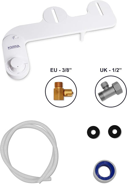 KMINA Toilet Bidet Attachment, Self-Cleaning Nozzle, Fresh Water Non-Electric, Adjustable Water Pressure, Rear Wash, White