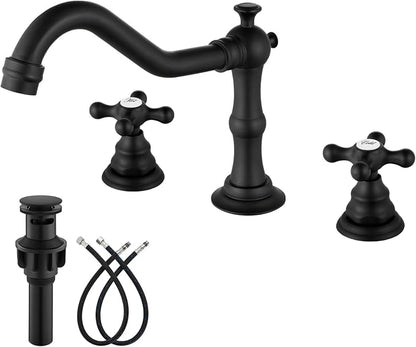 gotonovo Bathroom Faucet 3 Hole Vintage, Matte Black, Script Font Label | Widespread Bathroom Sink Faucet 8 Inch 2 Cross Handles,Pop Up Drain,cUPC Supply Line,4-15.7” Install,for Vanity Farmhouse RV