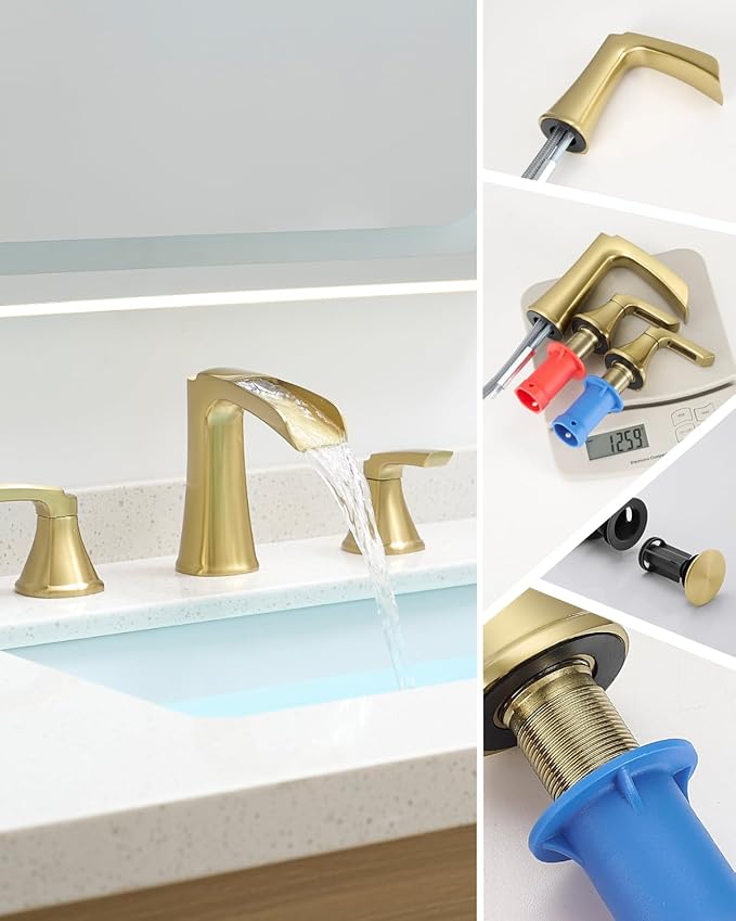 Fapully Bathroom Faucet 3 Hole, Polished Brushed Gold Waterfall 8 Inch Widespread Bathroom Sink Faucet with Pop-up Drain, Two-Handle Faucet for Bathroom Sink