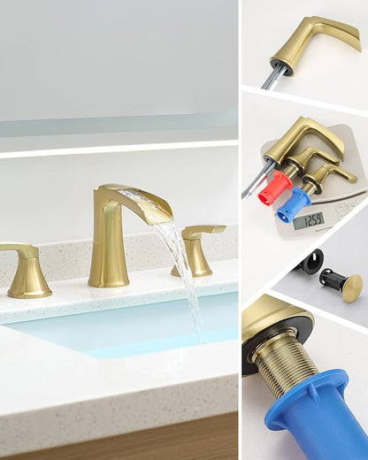 Fapully Bathroom Faucet 3 Hole, Polished Brushed Gold Waterfall 8 Inch Widespread Bathroom Sink Faucet with Pop-up Drain, Two-Handle Faucet for Bathroom Sink