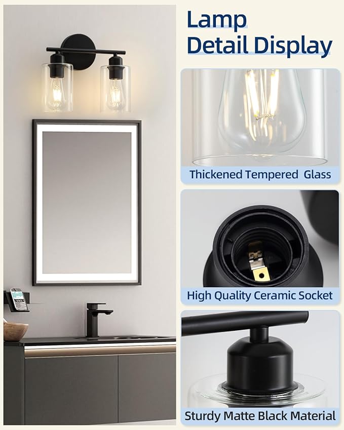 2-Light Bathroom Light Fixtures, Matte Black Bathroom Vanity Lights, Bathroom Lighting Fixtures Over Mirror with Clear Glass Shade, Wall Sconce Light for Bedroom, Living Room and Hallway