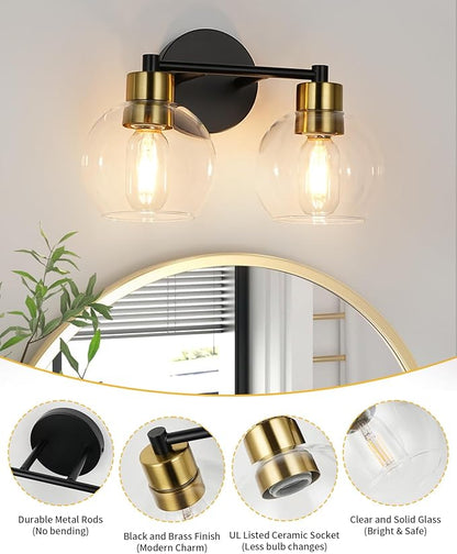 WILON 2-Light Bathroom Vanity Light Fixture Over Mirror, Black and Gold Sconces with Clear Globe Glass Shades, E26 Base Wall Lamp for Living Room Bedroom Stairway