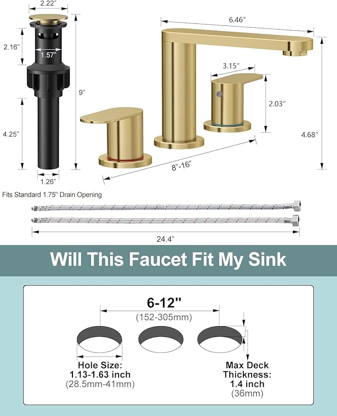 BWE Brushed Gold Bathroom Faucet 3 Hole, 8 Inch Widespread Gold Bathroom Faucets with Pop-up Drain and Supply Lines, 360° Swivel Spout 2-Handle Sink Faucet for Bath Vanity