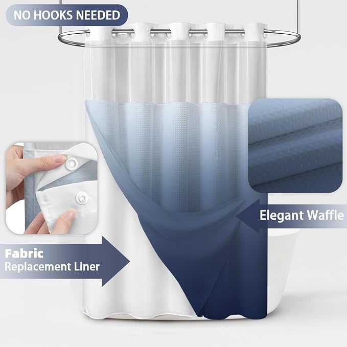 No Hook Shower Curtain and Liner Set,Ombre Blue Hotel Waffle Shower Curtain with Liner 75" L x 72" W