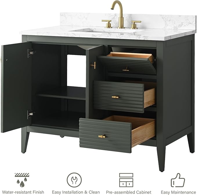 HOMEBEYOND 42" Bathroom Vanity with Sink, Solid Wood Bathroom Vanity Free-Standing Cabinet, Drawers, Ceramic Top & Soft Closing Door, Golden Brushed Handware, Vintage Green