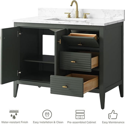HOMEBEYOND 42" Bathroom Vanity with Sink, Solid Wood Bathroom Vanity Free-Standing Cabinet, Drawers, Ceramic Top & Soft Closing Door, Golden Brushed Handware, Vintage Green