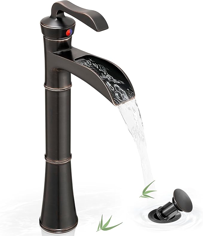 Tall Vessel Sink Faucet, Oil Rubbed Bronze Bathroom Faucet Waterfall Bathroom Faucets One Hole, Brass Bathroom Sink Faucet Single Handle with Pop-Up Drain & Water Hoses, 5 Mins Install