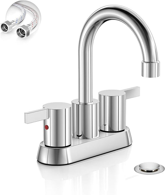 Phiestina 4 Inch Centerset 2 or 3 Holes 2 Handle Chrome Lead-Free Bathroom Faucet, Swivel Spout with Copper Pop Up Drain and 2 Water Supply Lines, BF015-1-C
