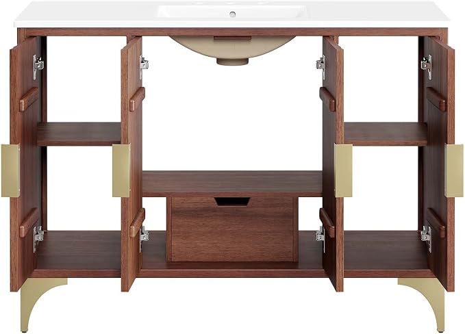 Modway Daylight Bathroom Vanity Cabinet with Ceramic Basin, 48" Single Sink, White Walnut