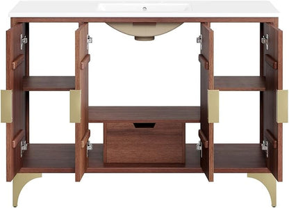 Modway Daylight Bathroom Vanity Cabinet with Ceramic Basin, 48" Single Sink, White Walnut
