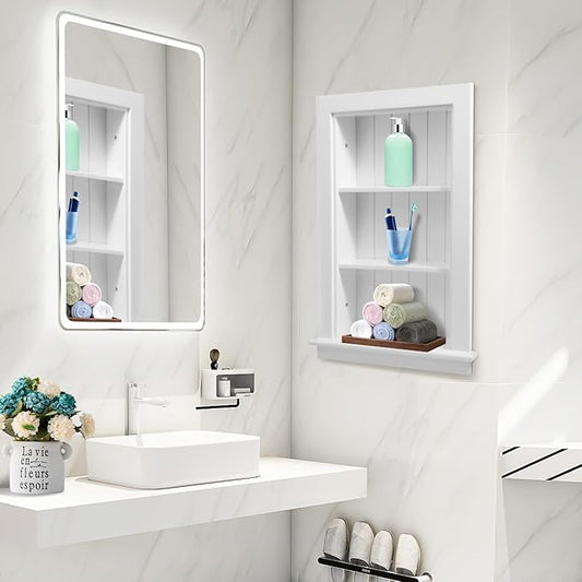 14 x 24 Medicine Cabinet Recessed, Wall Niche, Bathroom Wall Cabinet, 3-Tier, Between Studs Shelving for Drywall, White