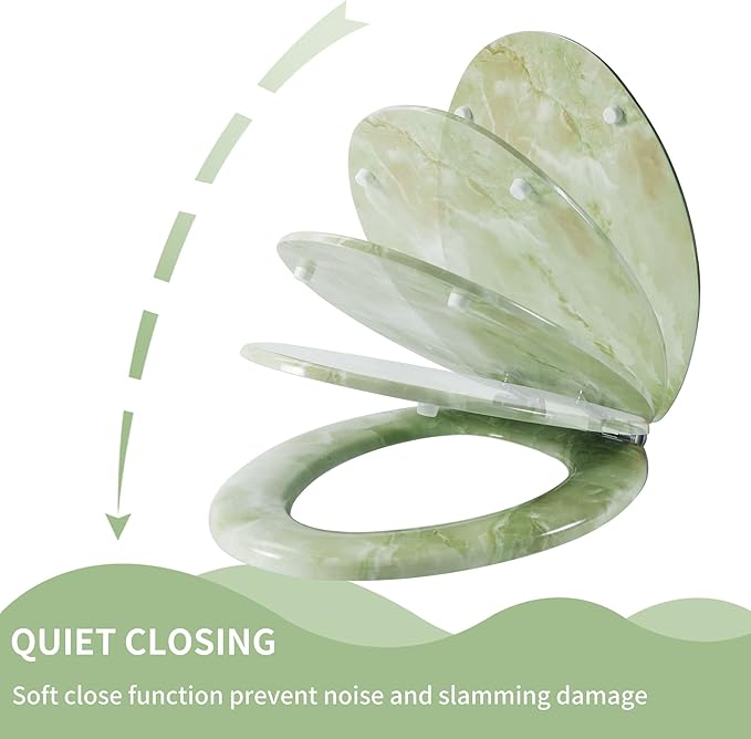 Angel Shield Marble Toilet Seat Durable Molded Wood with Quiet Close, Easy Clean, Quick-Release Hinges Round Toilet Seat (Round, Green Marble)