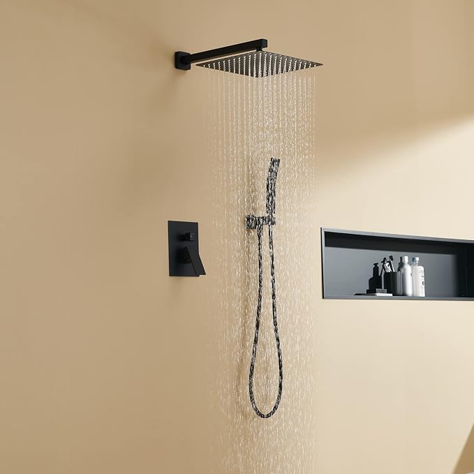Rain Shower System 12 Inches Shower Combo Set Black Wall Mount Faucet Bathroom Faucets with Rainfall Shower Head and Hand Shower
