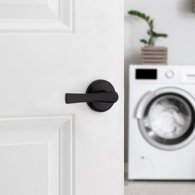 Kwikset Katella Interior Passage Door Handle, Lever For Closet and Hallway Doors, Reversible Non-Locking Handle Lever, Matte Black, with Microban Protection