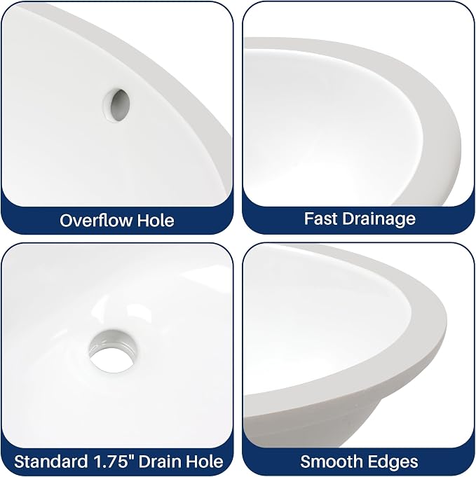 Enbol 16x13 inch Oval Undermount Ceramic Bathroom Sink - White Porcelain Vessel Lavatory Basin with Overflow, Countertop Vanity Sink ECU1613-1