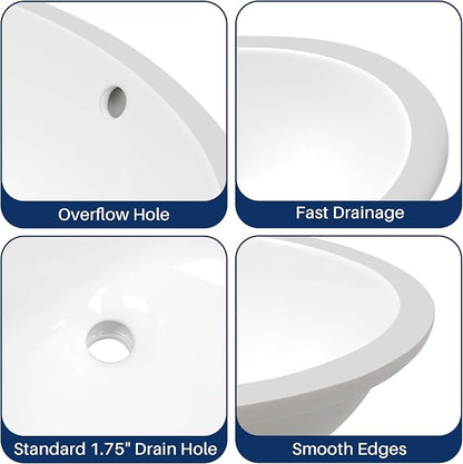Enbol 16x13 inch Oval Undermount Ceramic Bathroom Sink - White Porcelain Vessel Lavatory Basin with Overflow, Countertop Vanity Sink ECU1613-1